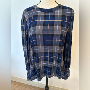 Rachel Roy top blouse blue check  plaid pattern SZ L puff sleeves